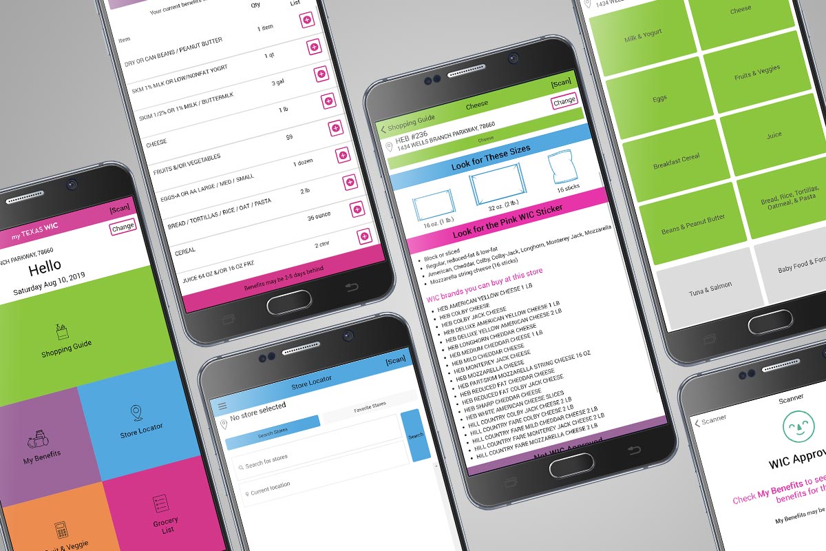 A spread of mobile app mockups on various mobile phones.